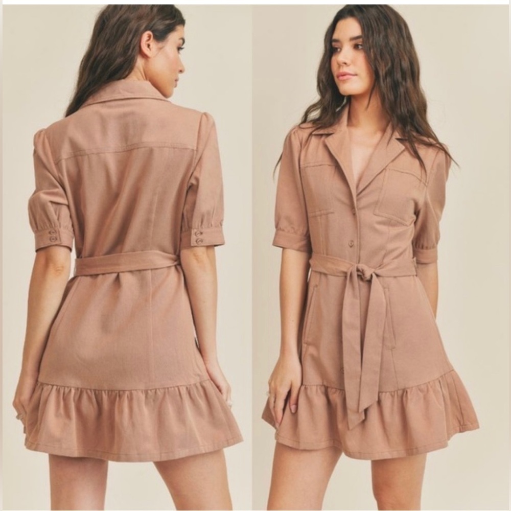Sage Wayfarer utility mini dress women’s size small NO BELT EUC tan khaki short - Picture 1 of 7